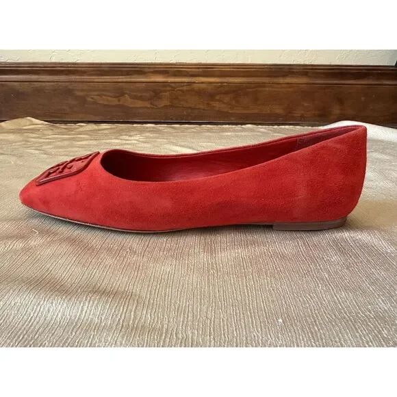 NEW ish Tory Burch Georgia Square Toe Silk Suede Triple Red Ballet Flat Sz 9 Box - Picture 6 of 16